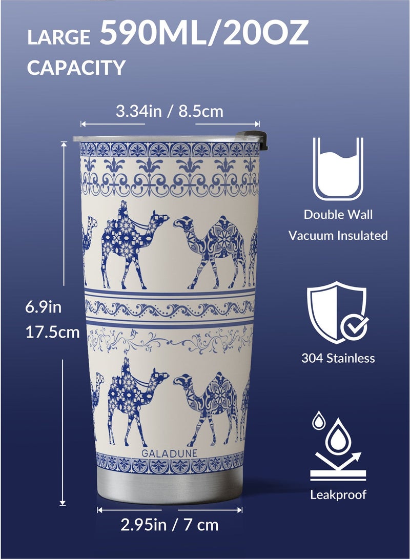 جالادون كوب قهوة للسفر من الفولاذ المقاوم للصدأ بسعة 20 أونصة، كوب حراري معزول بجدار مزدوج بتقنية التفريغ الهوائي مع ماصة وفرشاة تنظيف، كوب قهوة مانع للتسرب للمشروبات الساخنة والباردة، كوب بتصميم الجمل الأزرق، هدية مثالية. - Image 2